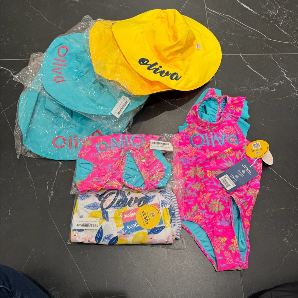 Ruffle Butts Girls One Piece Swimsuit and Hats - Pink, Turquoise, Yellow